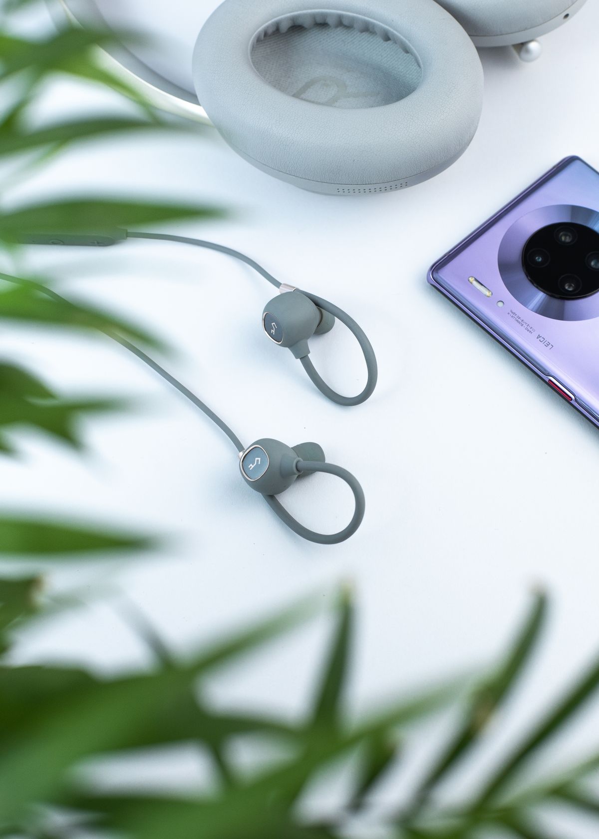 A smartphone and headphones on a desk beside green leaves